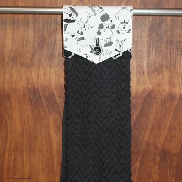 DOG COLLAGE BLACK & WHITE HANDMADE HANGING TOWEL BLACK COTTON HAND TOWEL - Picture 4 of 4